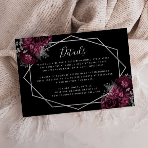 Burgundy Floral Silver Frame Black Wedding Details Enclosure Card