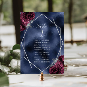 Burgundy Floral Silver Frame Navy Foil Wedding Table Number
