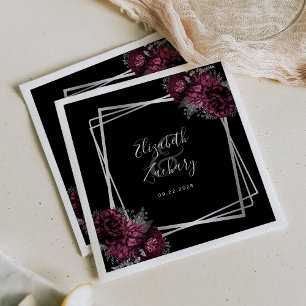 Burgundy Floral Silver Geometric Black Wedding Napkins