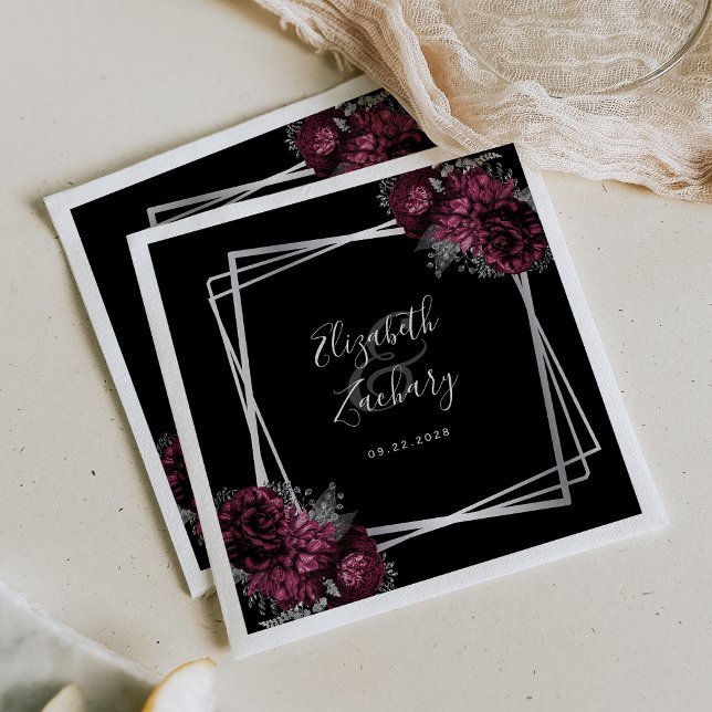 Burgundy Floral Silver Geometric Black Wedding Napkins (Creator Uploaded)
