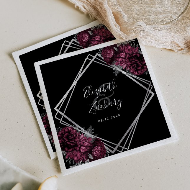 Burgundy Floral Silver Geometric Black Wedding Napkins (Creator Uploaded)