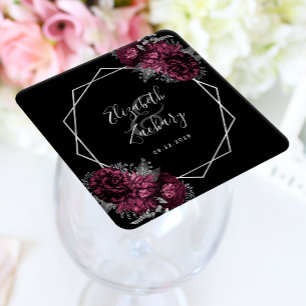 Burgundy Floral Silver Geometric Black Wedding Square Paper Coaster