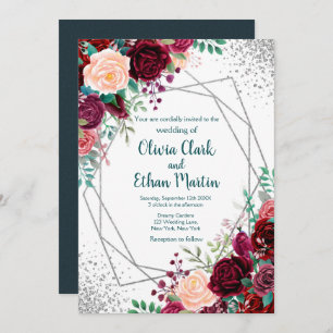 Burgundy Floral Silver Geometric Invitation