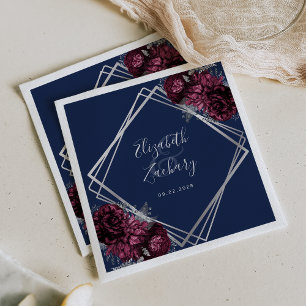 Burgundy Floral Silver Geometric Navy Blue Wedding Napkins