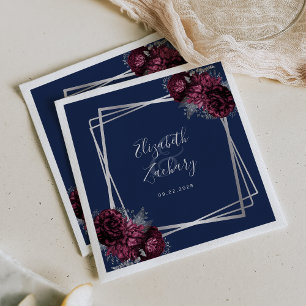 Burgundy Floral Silver Geometric Navy Blue Wedding Napkins