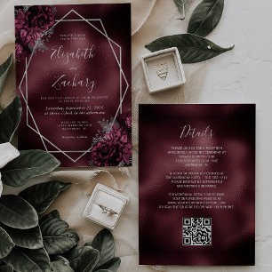 Burgundy Floral Silver Geometric QR Code Wedding Invitation