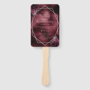 Burgundy Floral Silver Geometric Wedding Program Hand Fan
