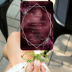 Burgundy Floral Silver Geometric Wedding Program Hand Fan