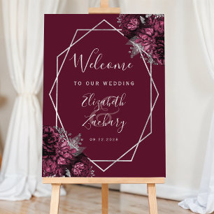 Burgundy Floral Silver Geometric Wedding Welcome Foam Board