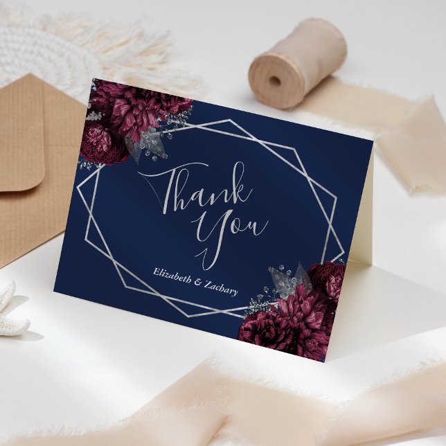 Burgundy Floral Silver Navy Blue Geometric Wedding Thank You Card (Creator Uploaded)