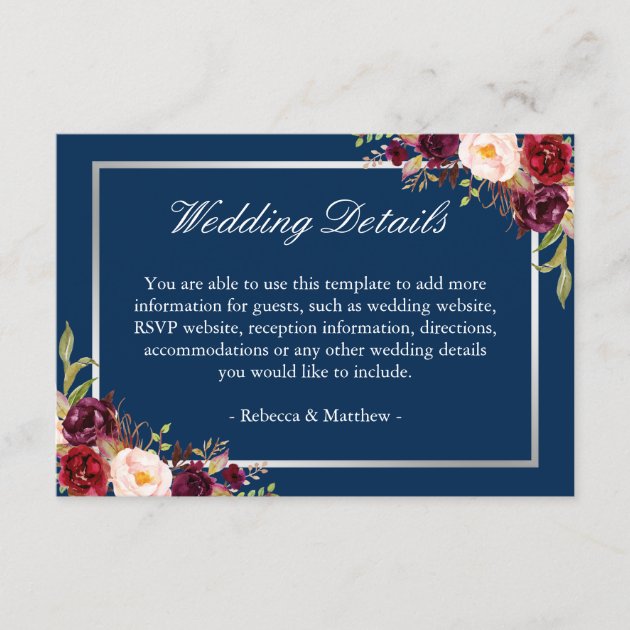 Burgundy Floral Silver Navy Blue Wedding Details Enclosure Card