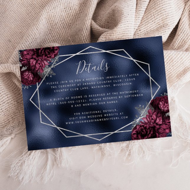 Burgundy Floral Silver Navy Blue Wedding Details Enclosure Card (Creator Uploaded)