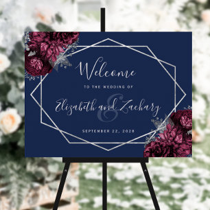 Burgundy Floral Silver Navy Blue Wedding Welcome Foam Board