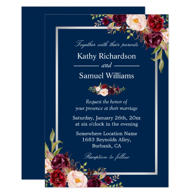 Burgundy Floral Silver Navy Blue Winter Wedding Invitation