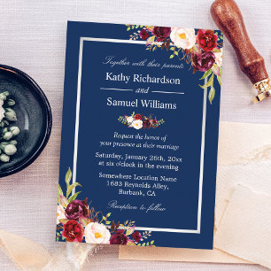 Burgundy Floral Silver Navy Blue Winter Wedding Invitation