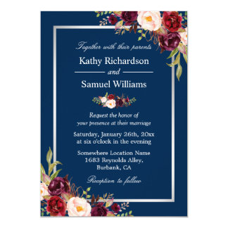 Burgundy Floral Silver Navy Blue Winter Wedding Invitation