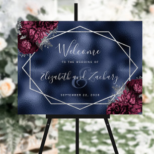 Burgundy Floral Silver Navy Foil Wedding Welcome Foam Board