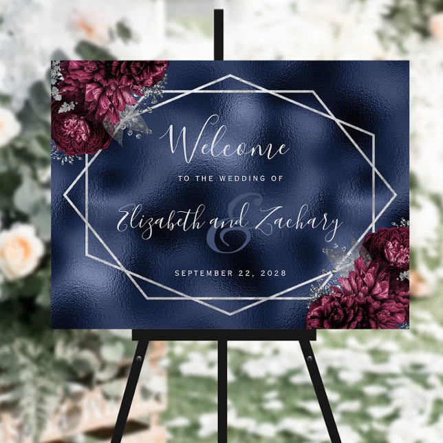 Burgundy Floral Silver Navy Foil Wedding Welcome Foam Board (Creator Uploaded)
