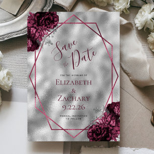 Burgundy Floral Silver Polygonal Save the Date Invitation