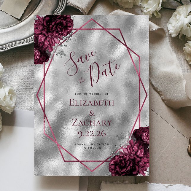 Burgundy Floral Silver Polygonal Save the Date Invitation (Creator Uploaded)