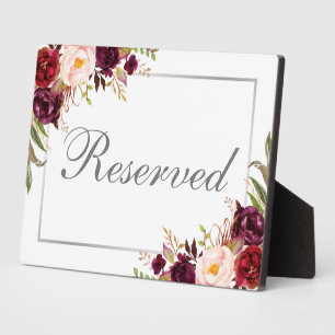 Burgundy Floral Silver Reserved 5x7 Table Plaque