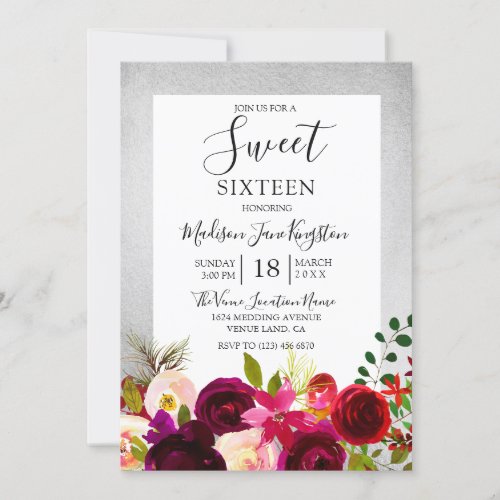 Burgundy Floral Silver Sweet 16 Party Invitation