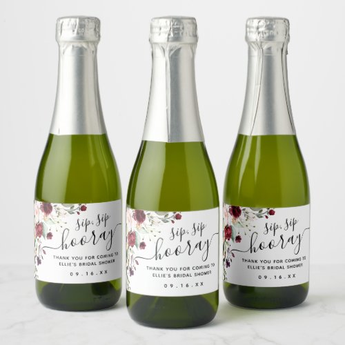 Burgundy Floral Sip Sip Hooray Favor Bridal Shower Sparkling Wine Label