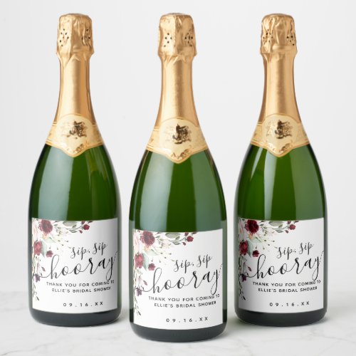 Burgundy Floral Sip Sip Hooray Favor Bridal Shower Sparkling Wine Label