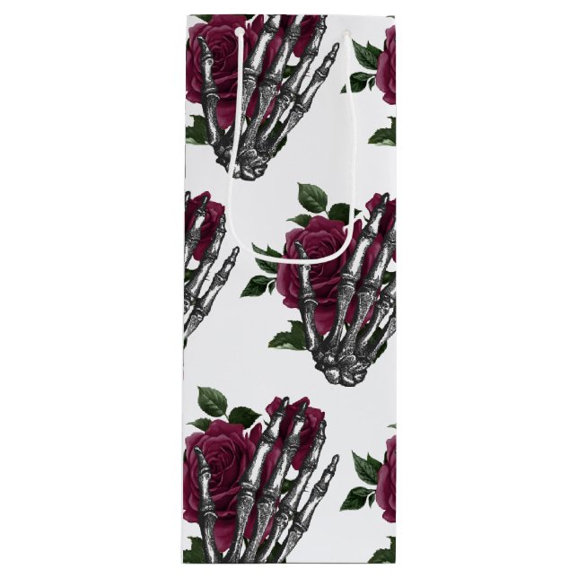 Burgundy Floral Skeleton Gothic Halloween Wedding Wine Gift Bag (Front)