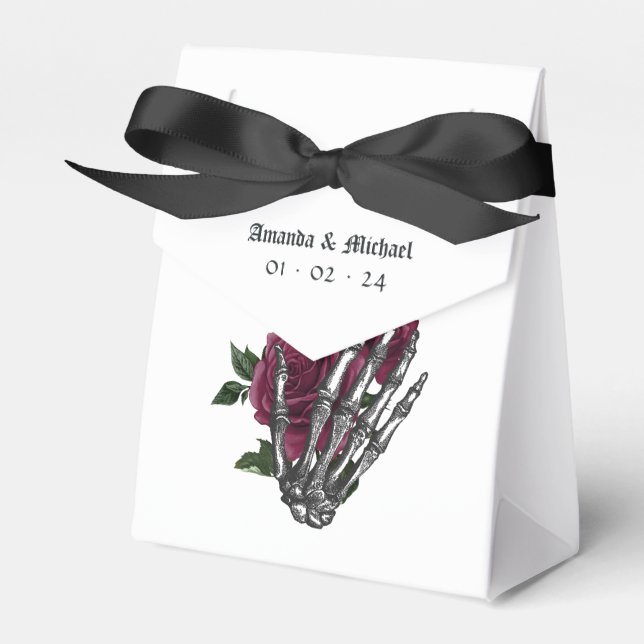 Burgundy Floral Skeleton Gothic Wedding Favor Boxes (Front Side)