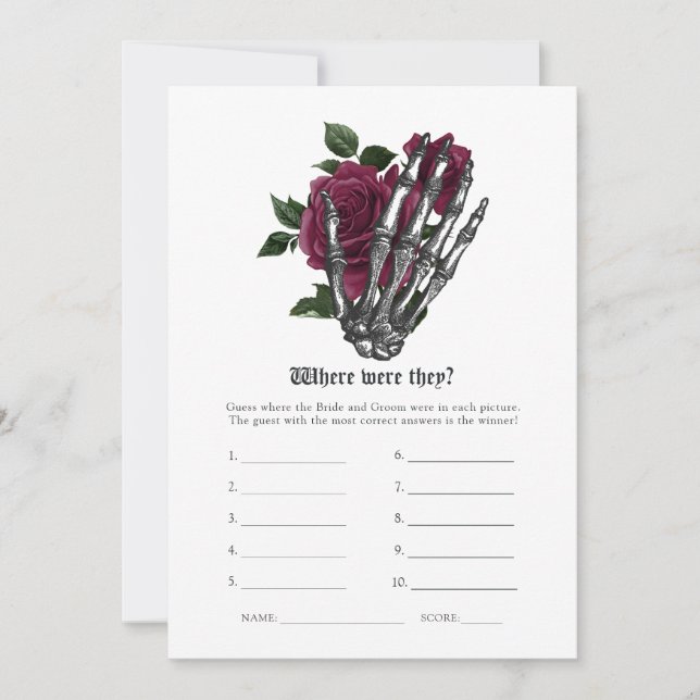 Burgundy Floral Skeleton Gothic Wedding Game Invitation (Front)