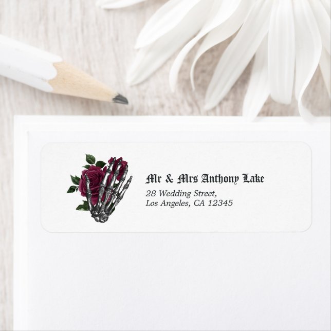 Burgundy Floral Skeleton Gothic Wedding Label (Insitu)
