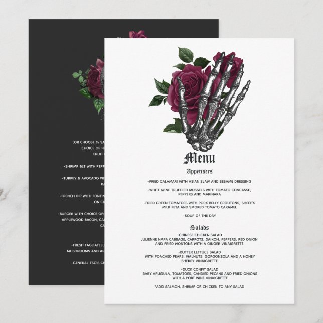 Burgundy Floral Skeleton Gothic Wedding Menu (Front/Back)
