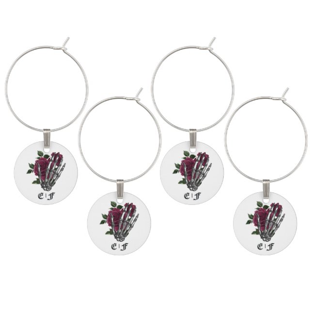 Burgundy Floral Skeleton Gothic Wedding Monogram Wine Charm (Staggered)