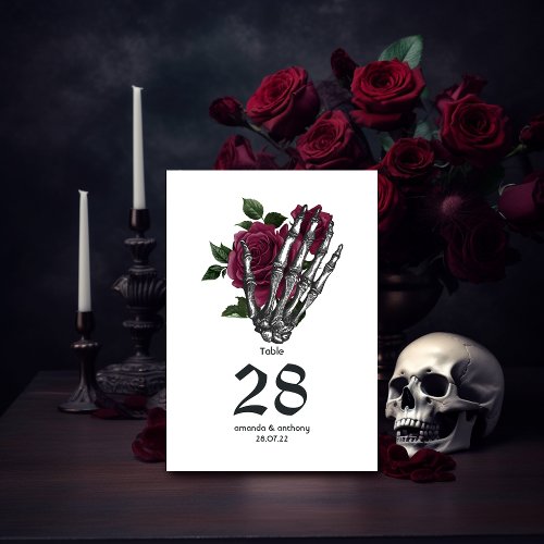 Burgundy Floral Skeleton Gothic Wedding Table Number