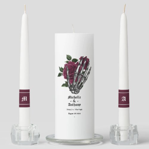 Burgundy Floral Skeleton Gothic Wedding Unity Candle Set