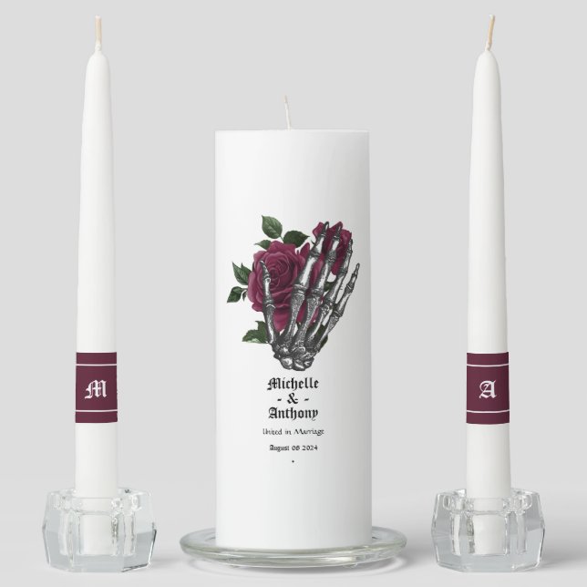 Burgundy Floral Skeleton Gothic Wedding Unity Candle Set (Front)