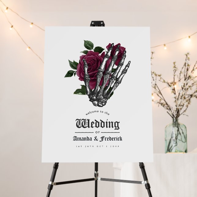 Burgundy Floral Skeleton Gothic Wedding Welcome Foam Board (In Situ (Stand))