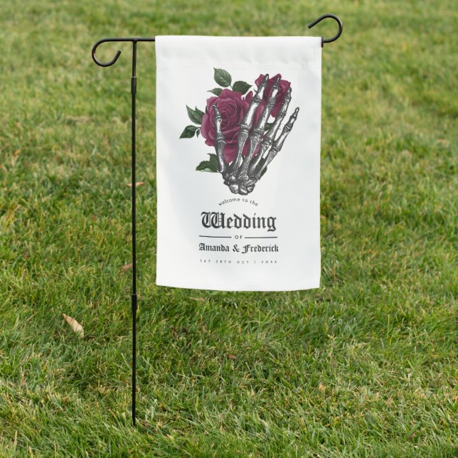 Burgundy Floral Skeleton Gothic Wedding Welcome Garden Flag (In SItu)