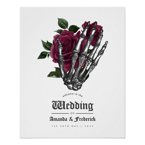 Burgundy Floral Skeleton Gothic Wedding Welcome Poster