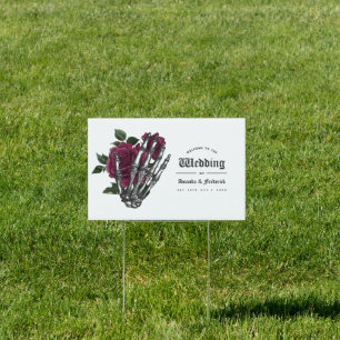 Burgundy Floral Skeleton Gothic Wedding Welcome Sign