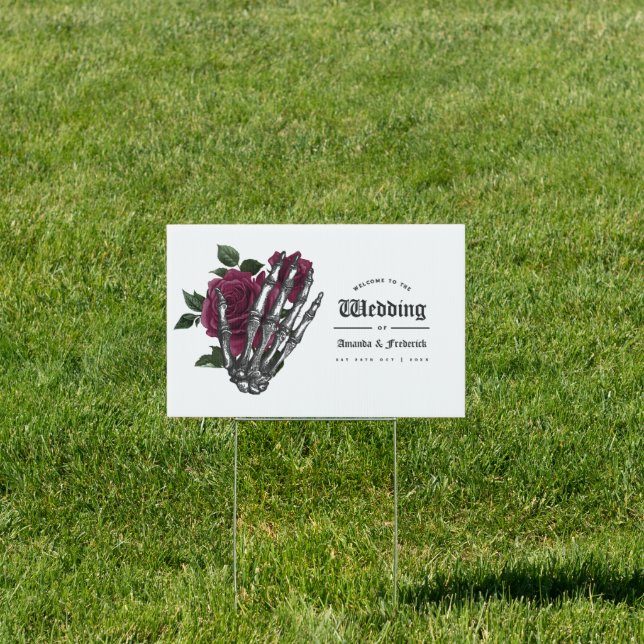 Burgundy Floral Skeleton Gothic Wedding Welcome Sign (Insitu)