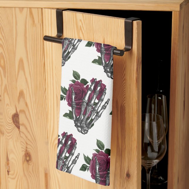 Burgundy Floral Skeleton Hand Gothic Kitchen Towel (Thirds Fold)