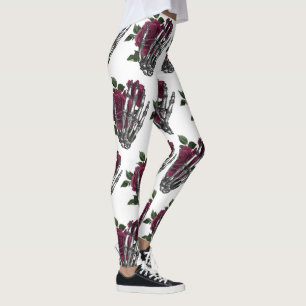 Burgundy Floral Skeleton Hand Gothic Leggings