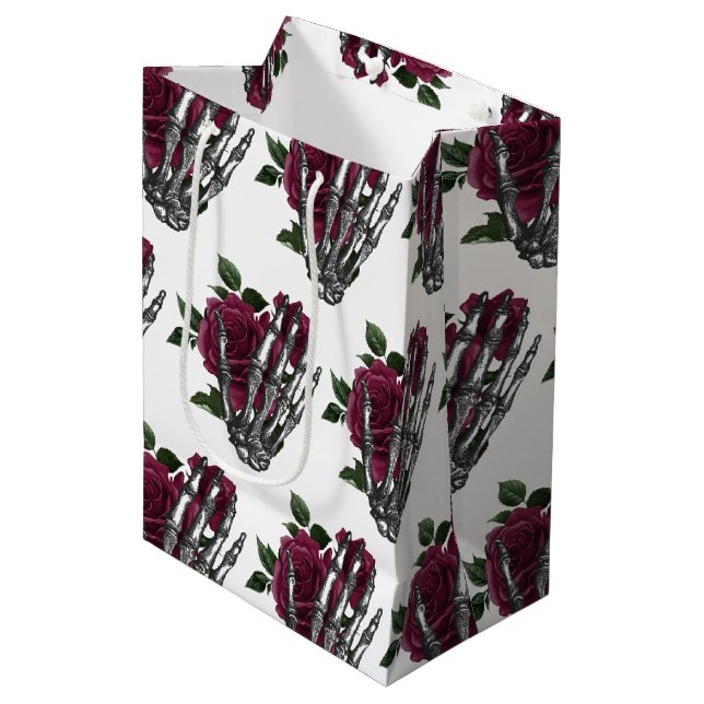 Burgundy Floral Skeleton Hand Gothic Medium Gift Bag (Front Angled)