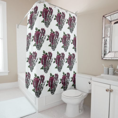Burgundy Floral Skeleton Hand Gothic Shower Curtain