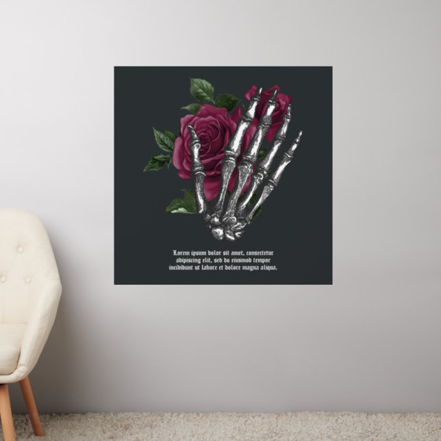 Burgundy Floral Skeleton Hand Gothic Wall Decal (Living Room 2)
