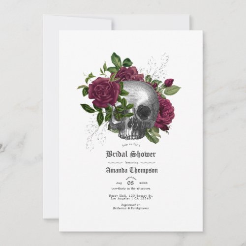 Burgundy Floral Skull Gothic Bridal Shower Invitation