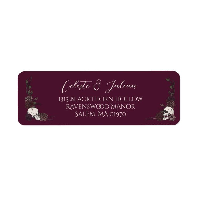 Burgundy Floral Skull Gothic Return Address Label (Front)
