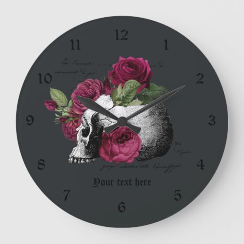 Burgundy Floral Skull Gothic Skull Large Clock
